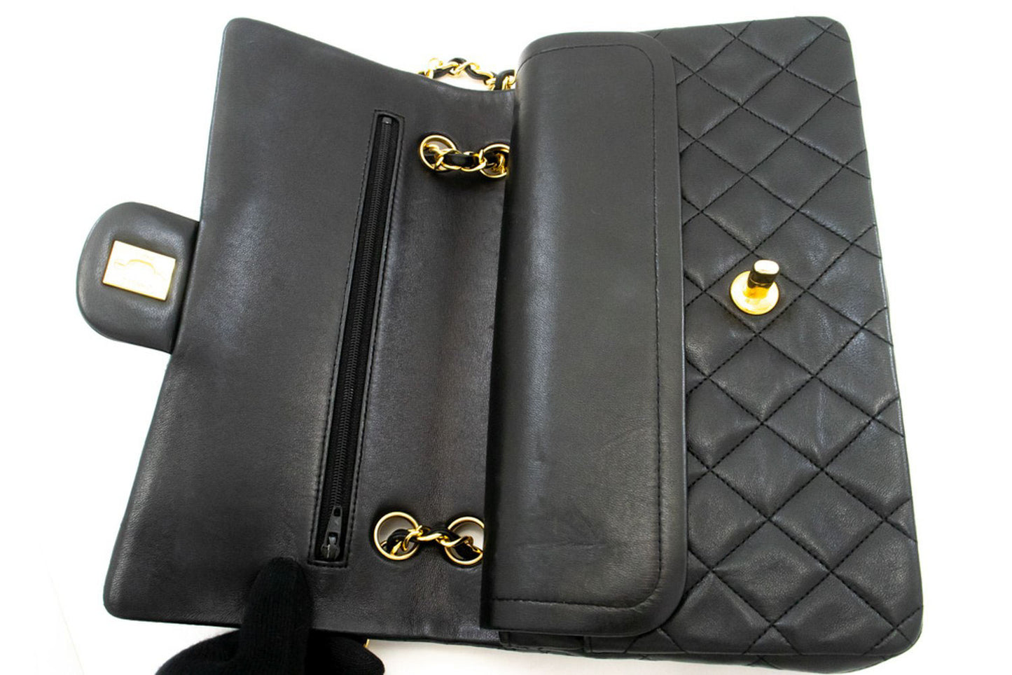 CHANEL Classic Double Flap 10" Chain Schoudertas Zwart Lamsleer aj5 hannari-shop