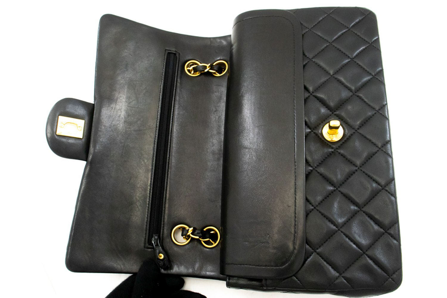 CHANEL Classic Double Flap 10" Chain Schoudertas Zwart Lamsleer aj8 hannari-shop