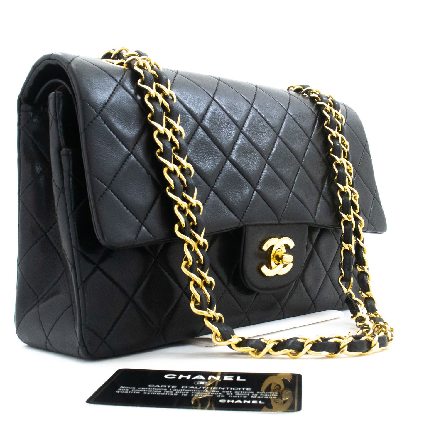CHANEL Classic Double Flap 10" Chain Shoulder Bag Black Lambskin aj9 hannari-shop