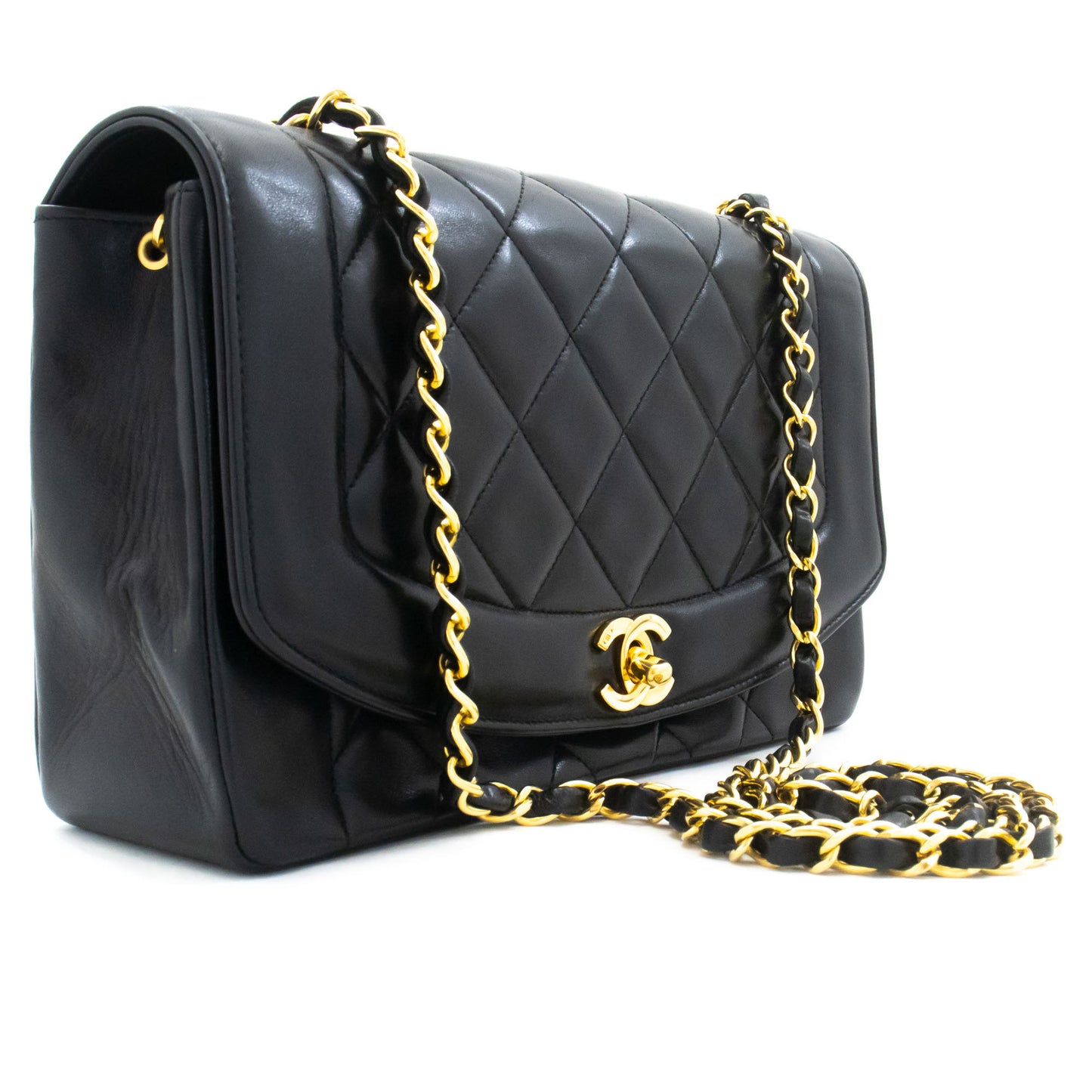 CHANEL Diana Flap Chain Schoudertas Zwart Gequilt Lamsschapenleer ak2 hannari-shop