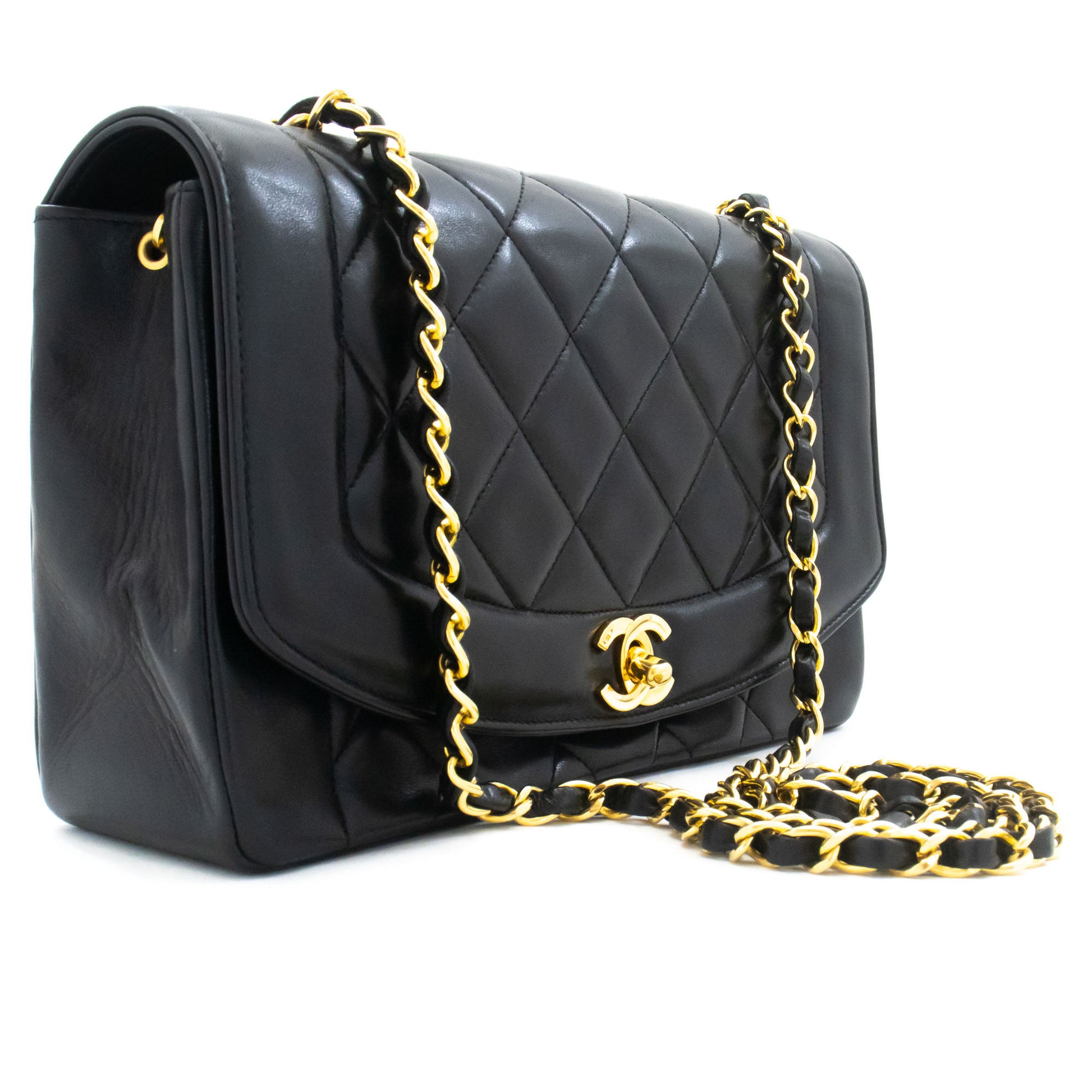 CHANEL Diana Flap Chain Schoudertas Zwart Gequilt Lamsschapenleer ak2 hannari-shop