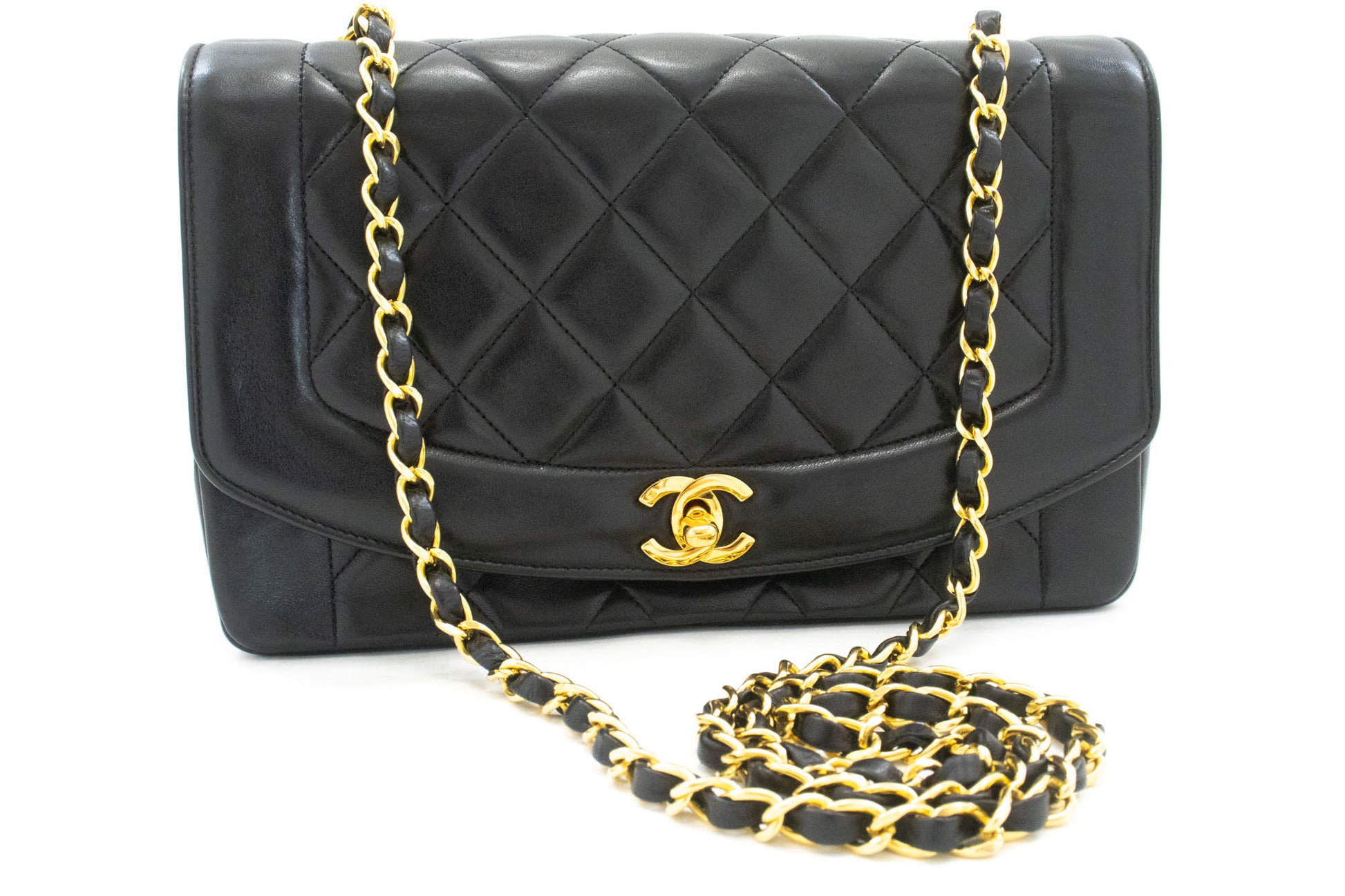 CHANEL Diana Flap Chain Schoudertas Zwart Gequilt Lamsschapenleer ak2 hannari-shop