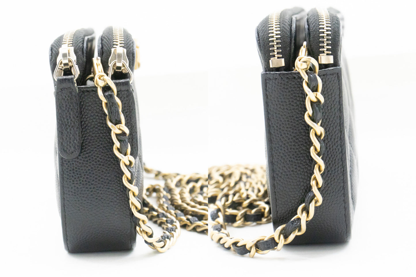 CHANEL Boy Zwarte Caviar Portemonnee Aan Ketting WOC Dubbele Ritssluiting Schoudertas n35 hannari-shop