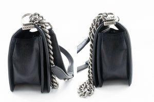 CHANEL Boy Grained Calfskin Chain Shoulder Bag Black Quilted Flap p96 hannari-shop