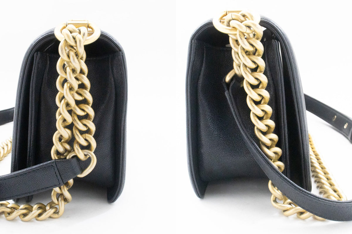 CHANEL Boy Grained Calfskin Chain Shoulder Bag Black Quilted Gold an7 hannari-shop