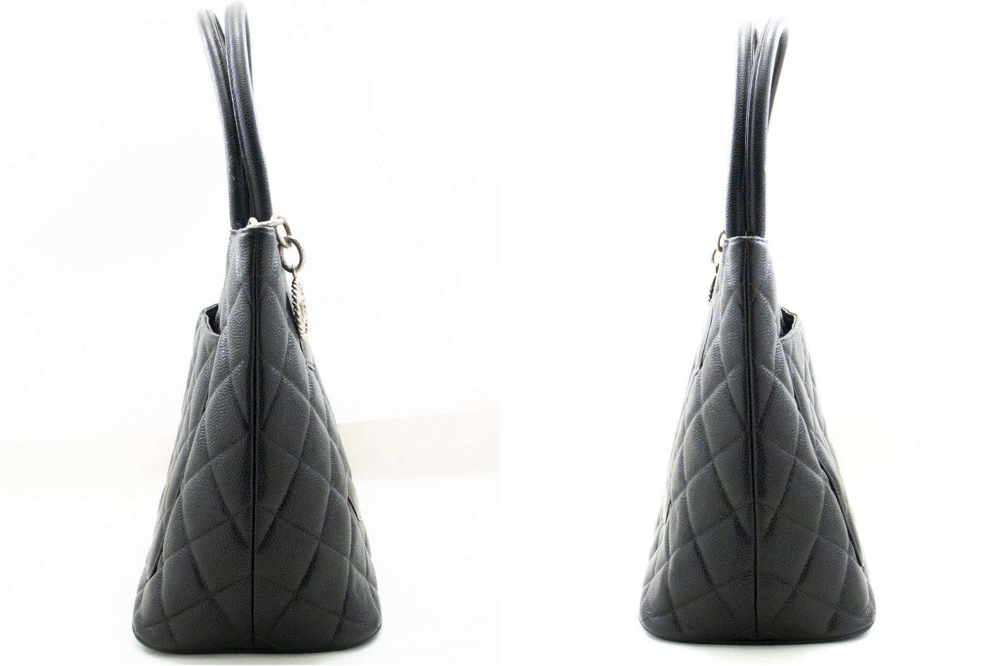 CHANEL Silver Medallion Caviar Schoudertas Winkel Tote Zwart SV n42 hannari-shop