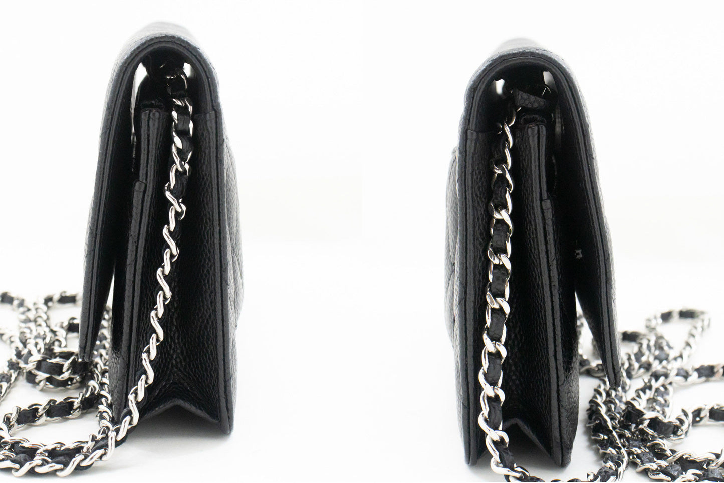 CHANEL Portemonnee Op Ketting WOC van Gegranuleerd Kalfsleer Zwarte Schoudertas p60 hannari-shop