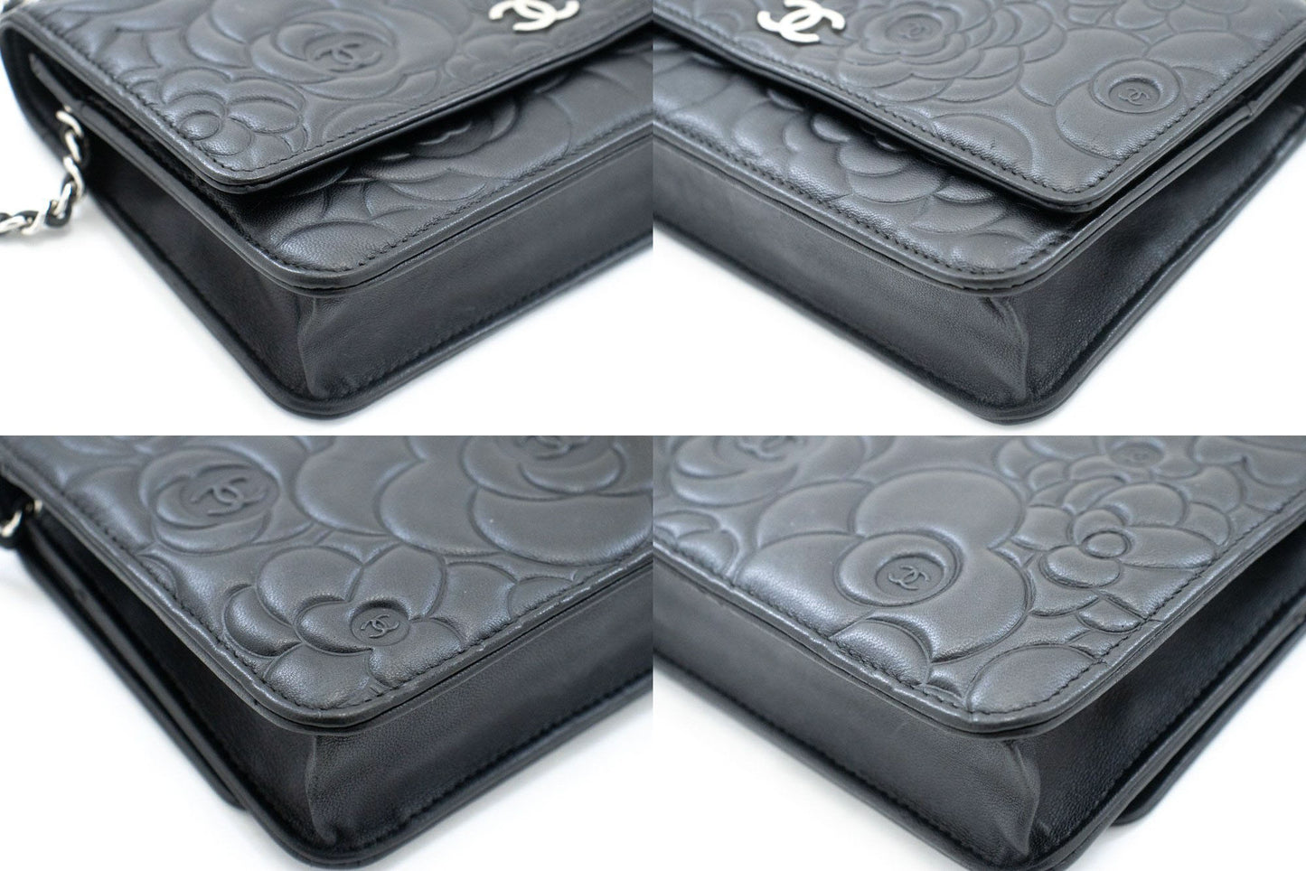 CHANEL Zwarte Camellia Gegraveerde Wallet On Chain WOC Schoudertas ab6 hannari-shop