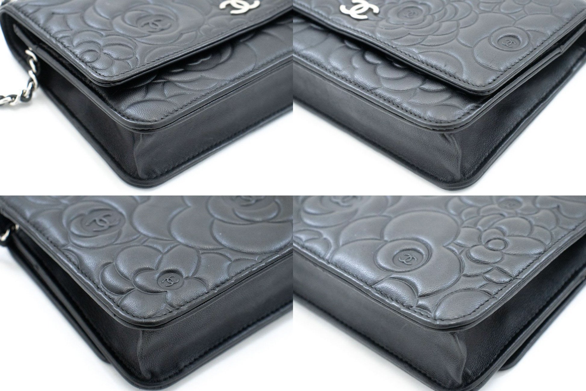 CHANEL Zwarte Camellia Gegraveerde Wallet On Chain WOC Schoudertas ab6 hannari-shop