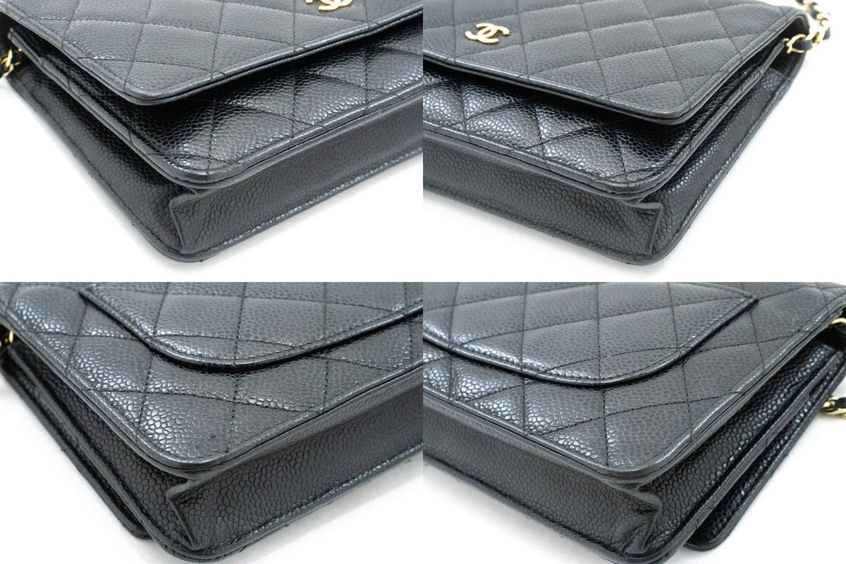 CHANEL portemonnee van generfd kalfsleer aan ketting WOC zwarte schoudertas ap1 — hoeken hannari-shop