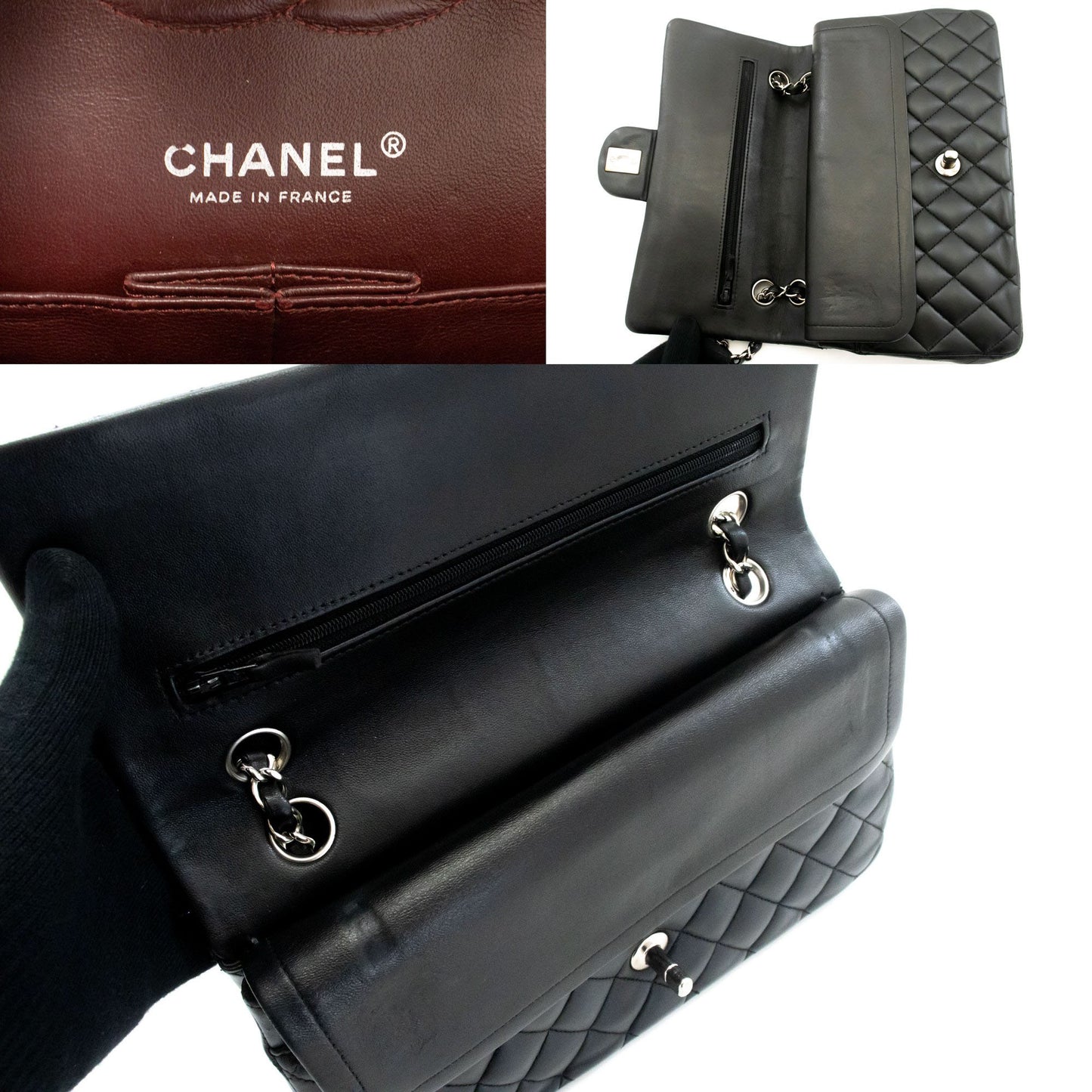 CHANEL Classic Double Flap 10" Zilveren Ketting Schoudertas Zwart ai1 hannari-shop