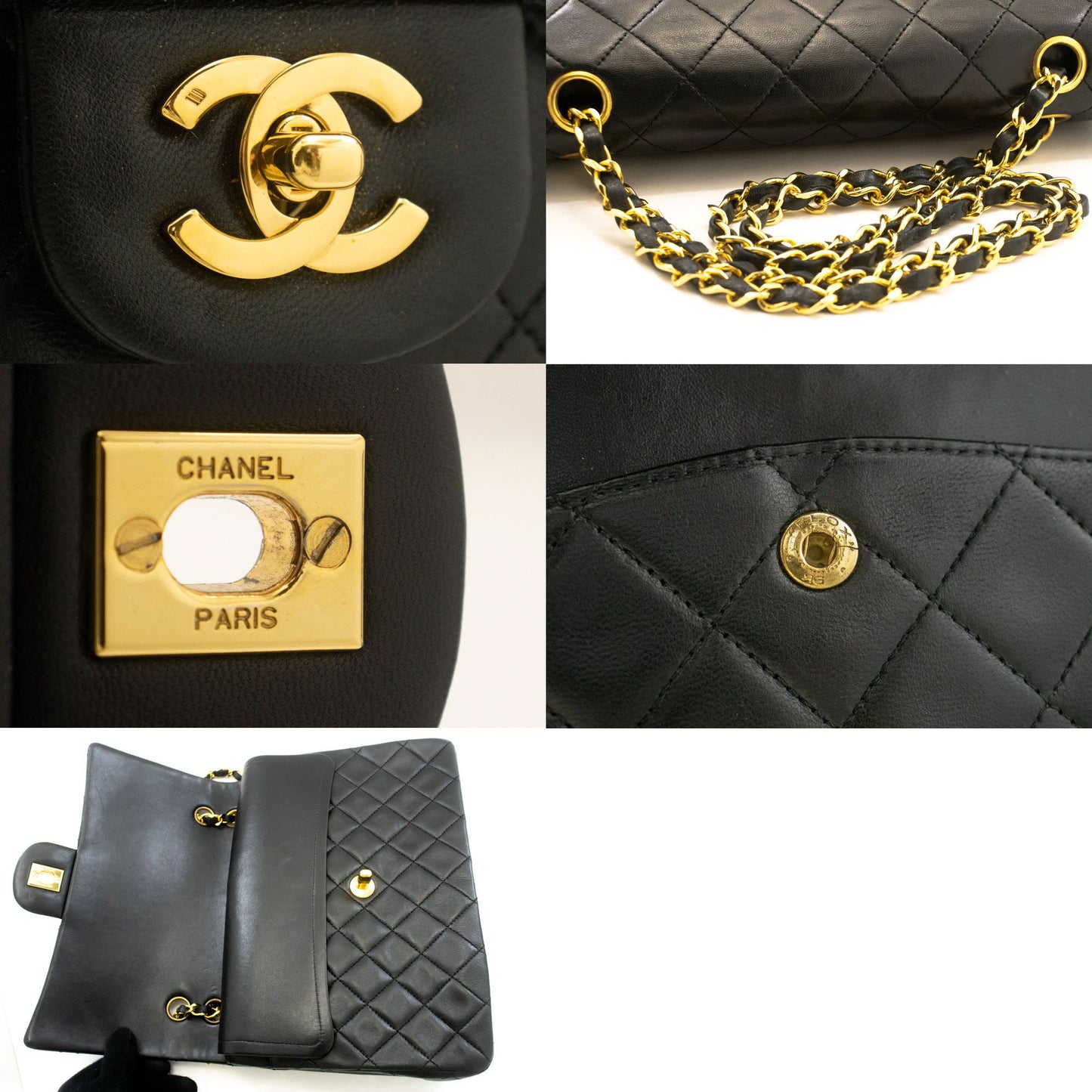 CHANEL Classic Double Flap Square Chain Shoulder Bag Black Lamb ad7 hannari-shop