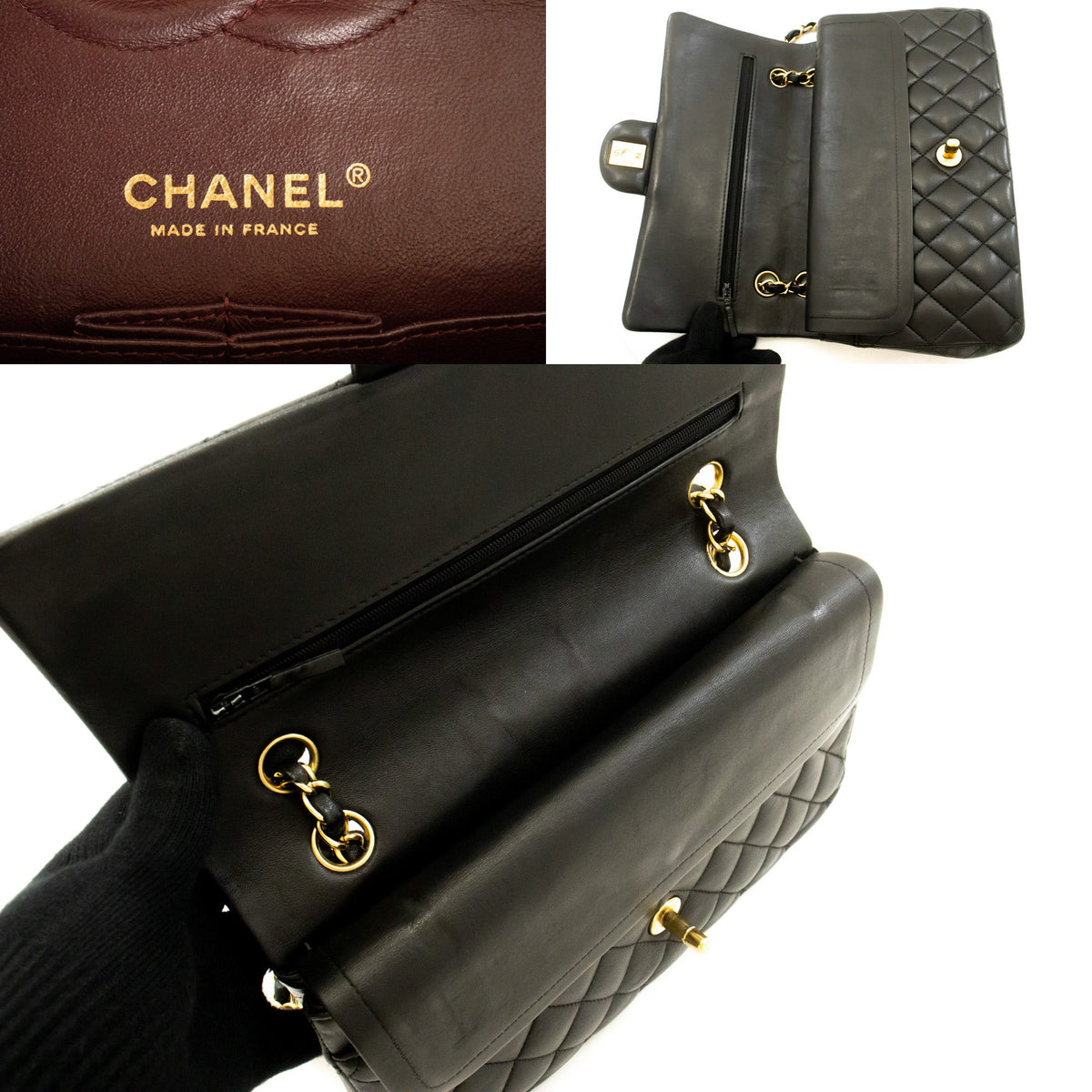 CHANEL Classic Double Flap 10" Chain Shoulder Bag Zwart lamsleer aq1 — CHANEL-logo aan de binnenzijde hannari-shop