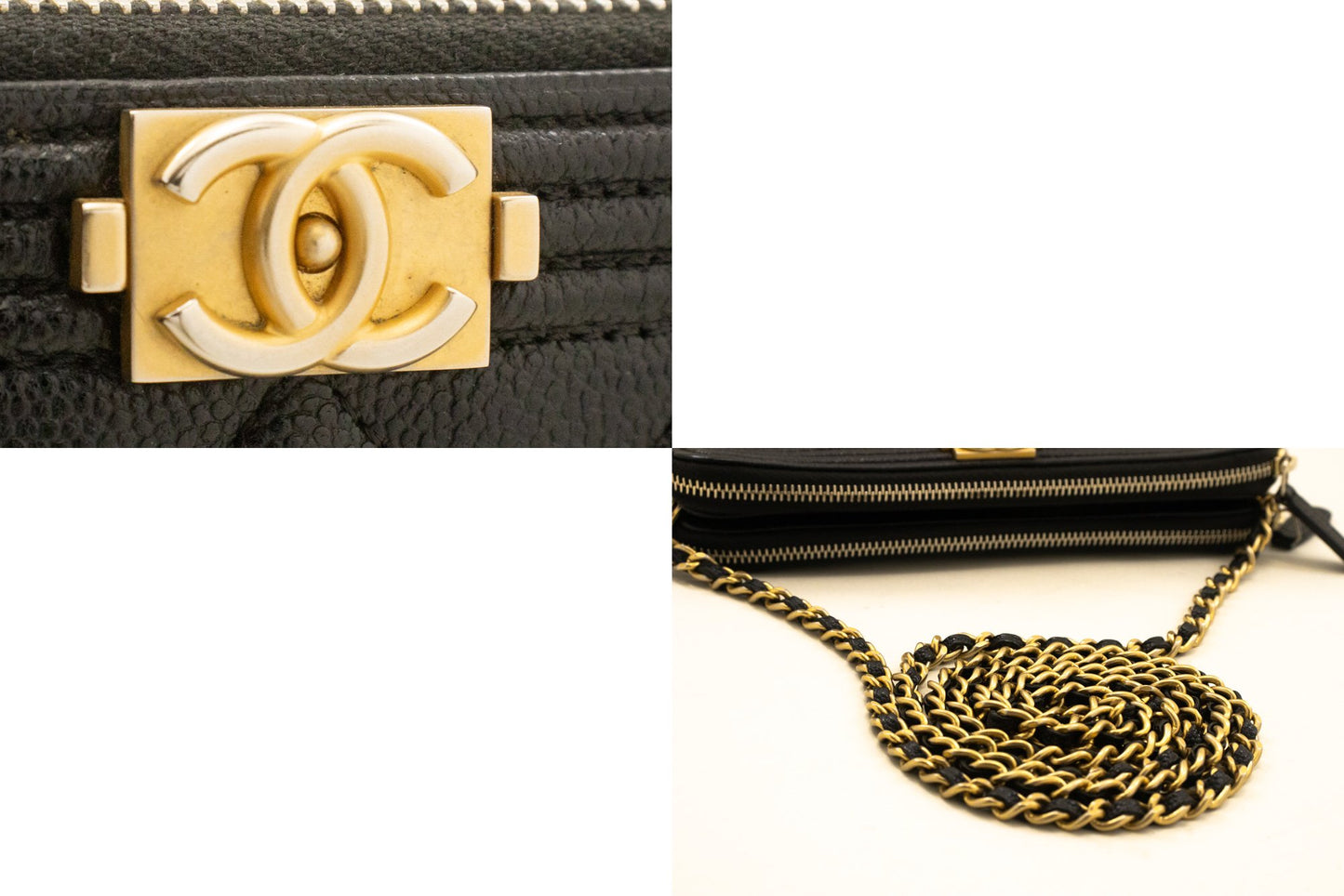 CHANEL Boy Zwarte Caviar Portemonnee Aan Ketting WOC Dubbele Ritssluiting Schoudertas n35 hannari-shop