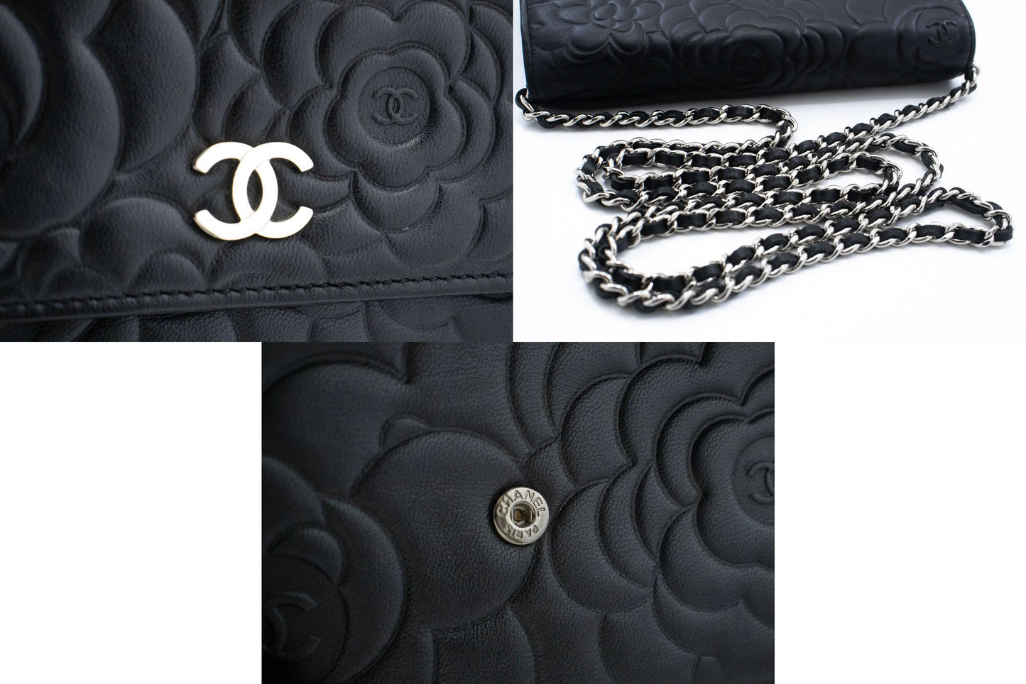 CHANEL Zwarte Camellia Gegraveerde Wallet On Chain WOC Schoudertas ab6 hannari-shop
