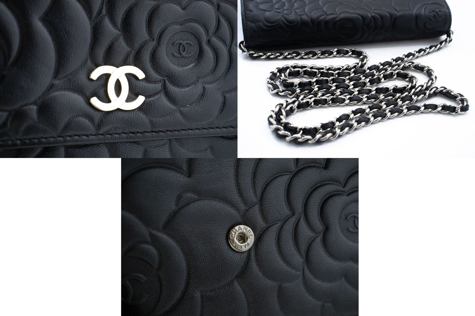 CHANEL Zwarte Camellia Gegraveerde Wallet On Chain WOC Schoudertas ab6 hannari-shop