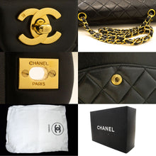 CHANEL Classic Double Flap 10" Chain Shoulder Bag Black Lambskin p77 hannari-shop