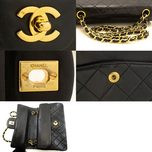 CHANEL Classic Double Flap 9" Chain Shoulder Bag Black Lambskin p88 hannari-shop