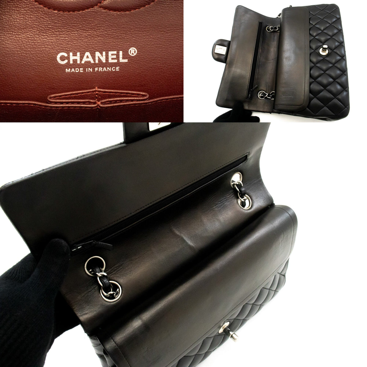 CHANEL Classic Double Flap 10" Chain Shoulder Bag Black Lambskin am5 hannari-shop