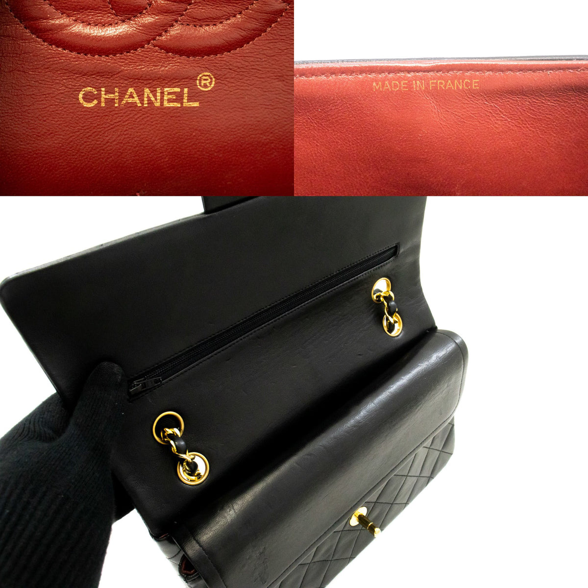 CHANEL Classic Double Flap 10" Chain Shoulder Bag Zwarte lamsvacht ao6 — CHANEL-logo aan de binnenzijde hannari-shop