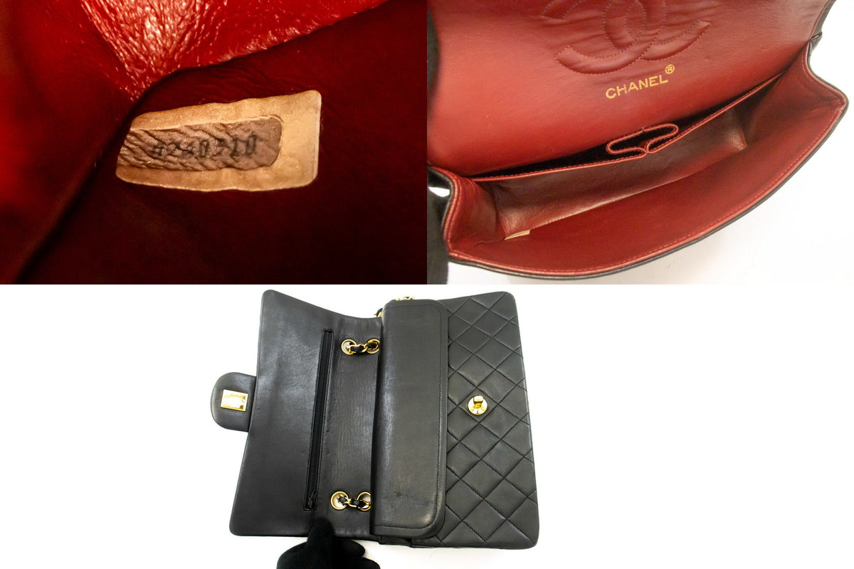 CHANEL Classic Double Flap 10" Chain Shoulder Bag Zwarte lamsvacht ao6 — serienummer hannari-shop
