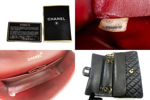 CHANEL Classic Double Flap 10" Chain Shoulder Bag Black Lambskin p77 hannari-shop