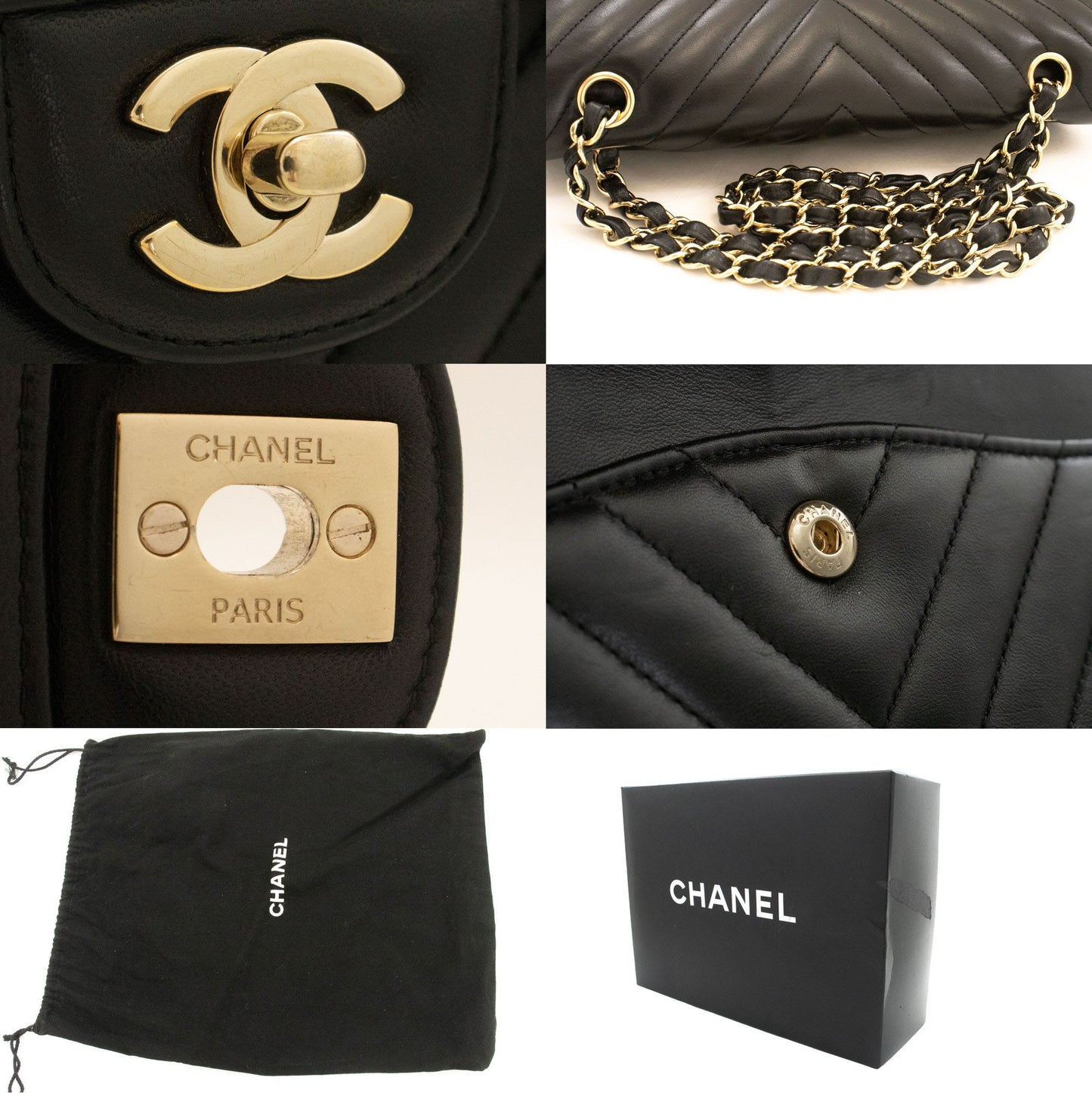 CHANEL V-Stitch Double Flap 10" Chain Shoulder Bag Black Lambskin ai5 hannari-shop