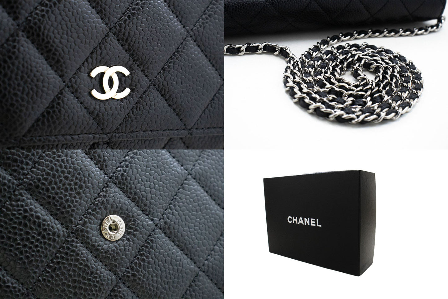 CHANEL Portemonnee Op Ketting WOC van Gegranuleerd Kalfsleer Zwarte Schoudertas p60 hannari-shop