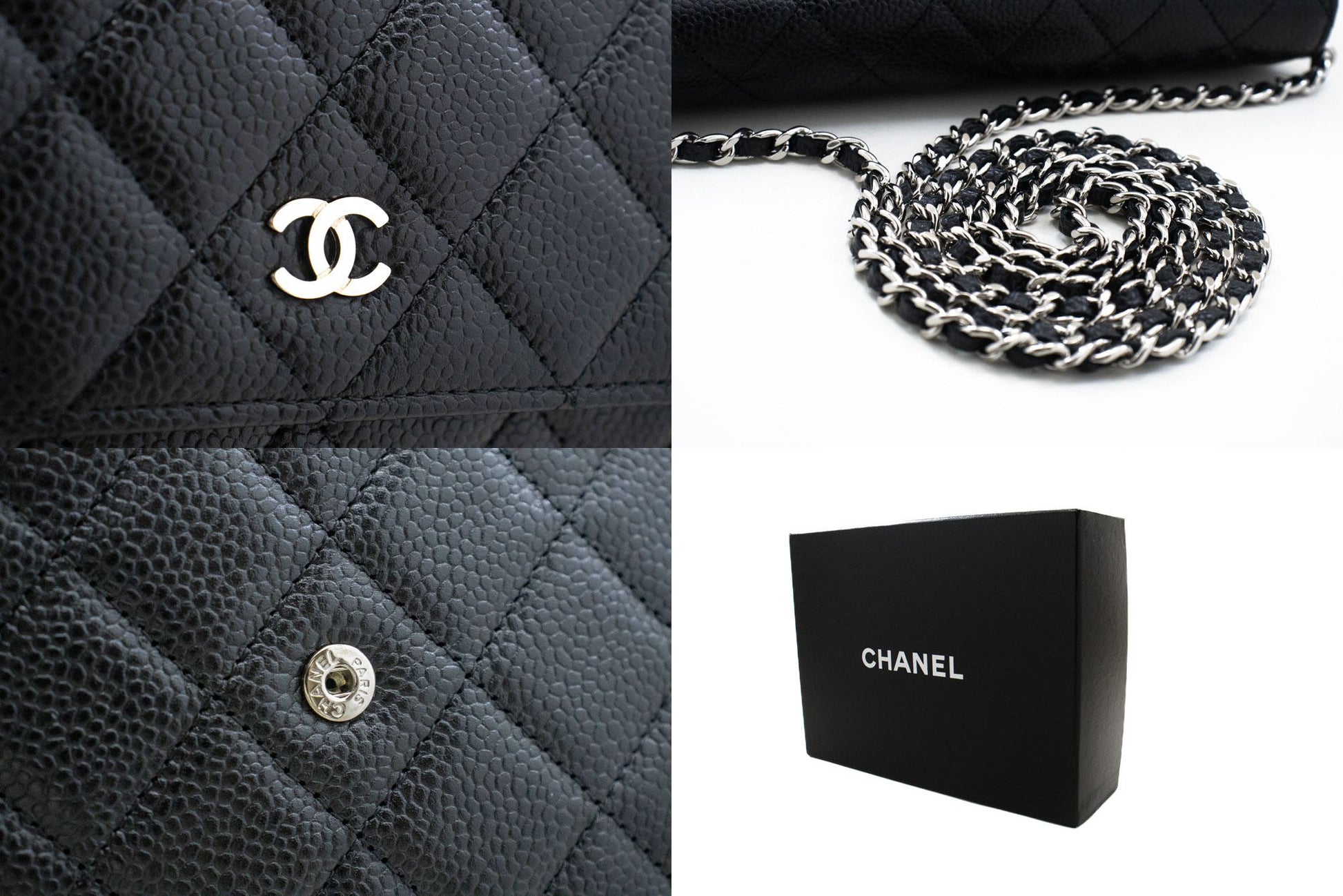 CHANEL Portemonnee Op Ketting WOC van Gegranuleerd Kalfsleer Zwarte Schoudertas p60 hannari-shop