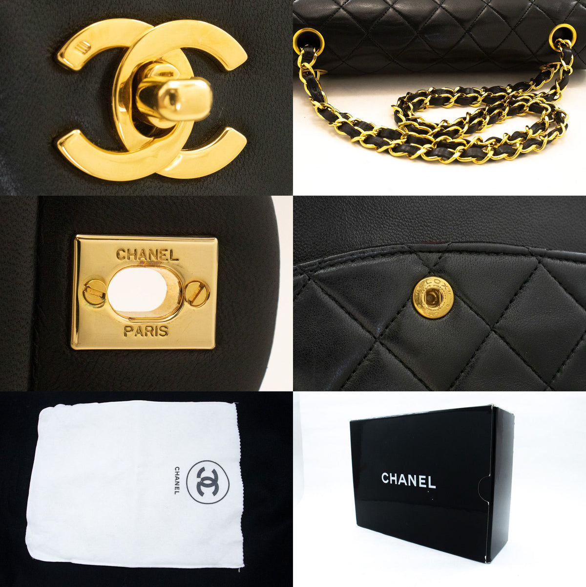 CHANEL Classic Double Flap 10" Chain Schoudertas Zwart Lamsleer ap6 — hardware hannari-shop