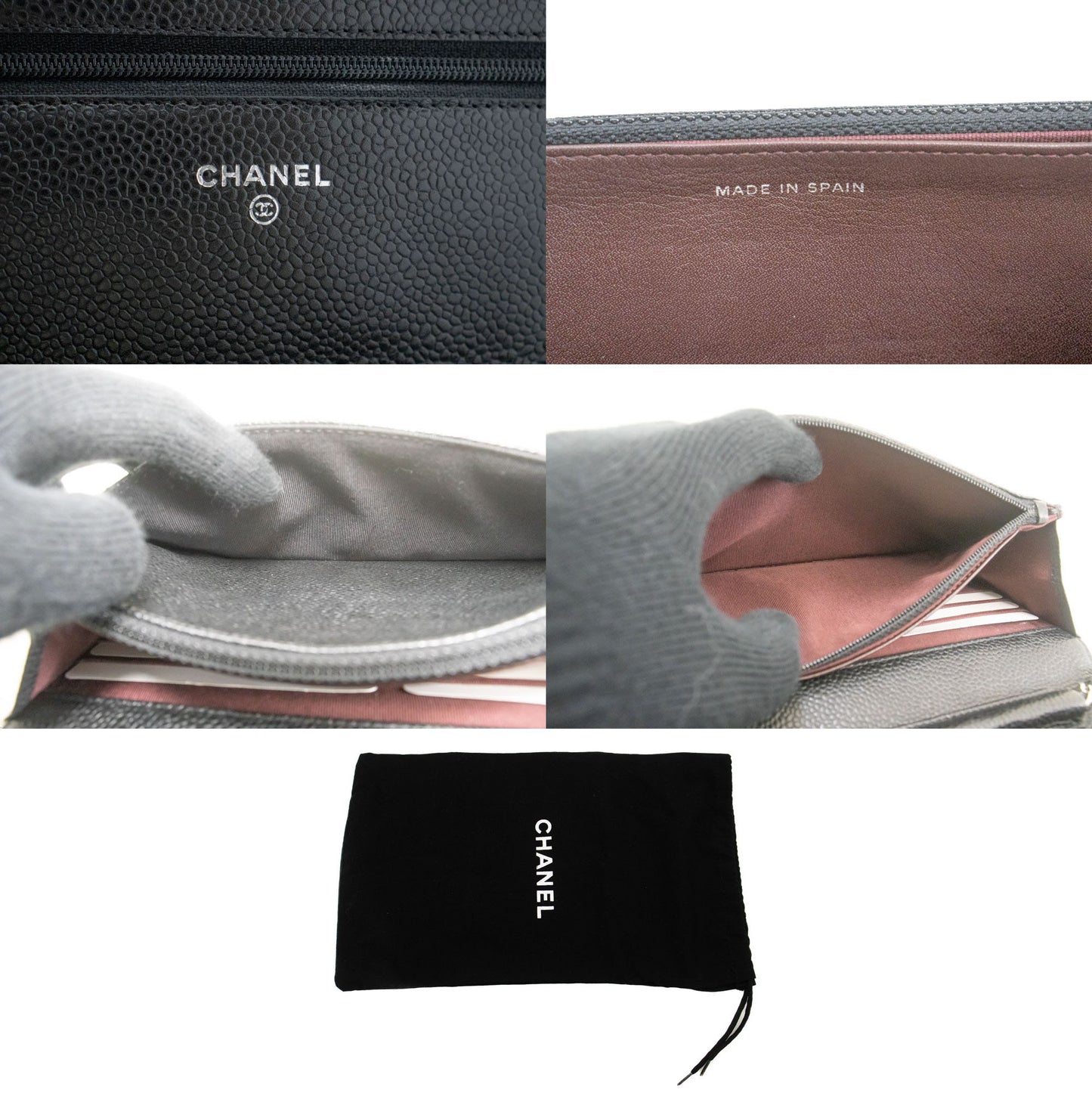 CHANEL Portemonnee Op Ketting WOC van Gegranuleerd Kalfsleer Zwarte Schoudertas p60 hannari-shop