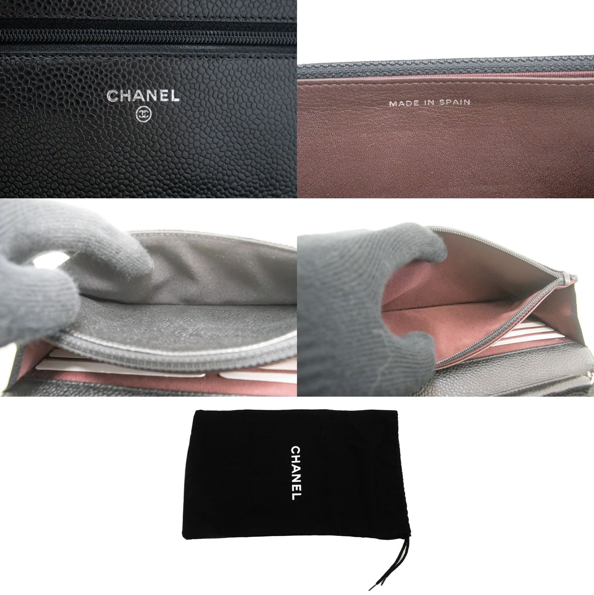 CHANEL Portemonnee Op Ketting WOC van Gegranuleerd Kalfsleer Zwarte Schoudertas p60 hannari-shop