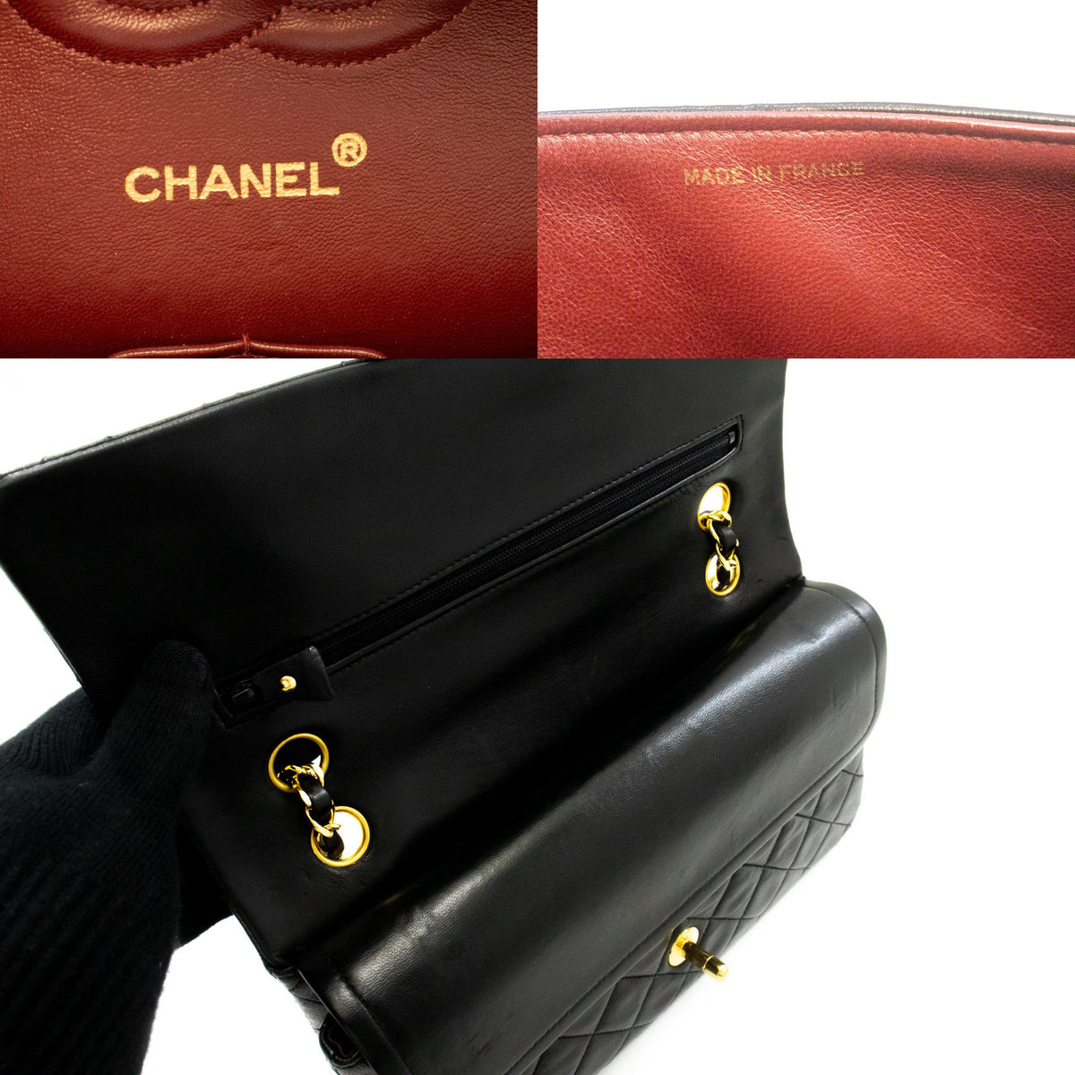 CHANEL Classic Double Flap 10" Chain Schoudertas Zwart Lamsleer ap6 — CHANEL-logo aan de binnenkant hannari-shop