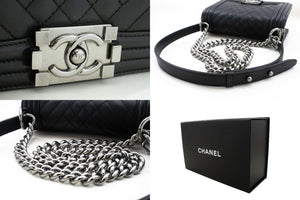 CHANEL Small Boy Chain Shoulder Bag Black Quilted Flap Calfskin p93 hannari-shop