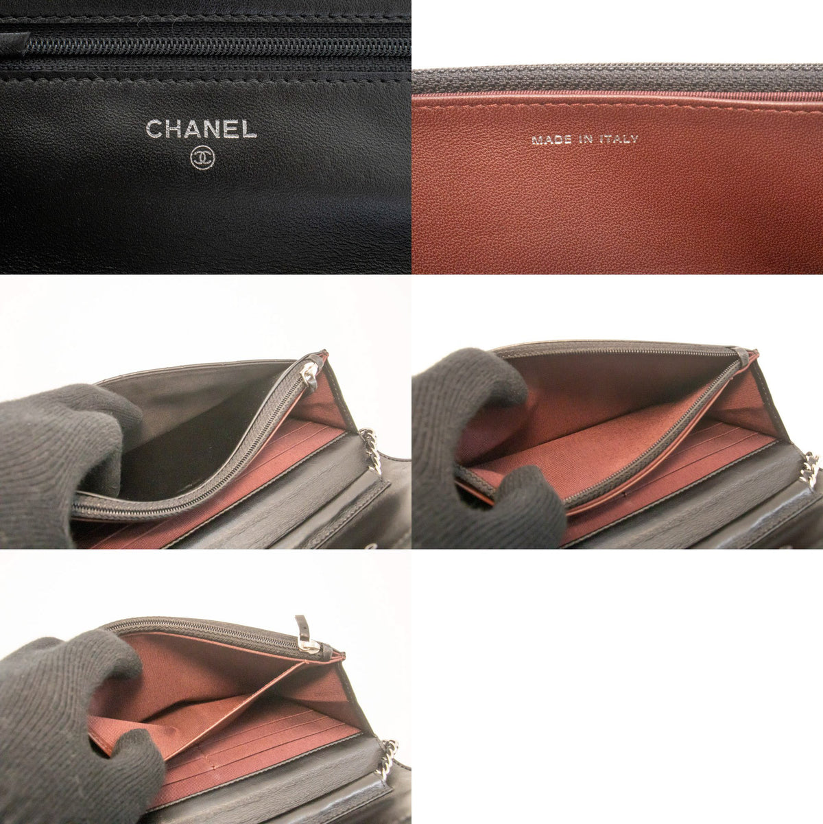 CHANEL Zwarte Classic Wallet On Chain WOC Schoudertas Lamsleer ap5 — CHANEL-logo aan de binnenzijde hannari-shop