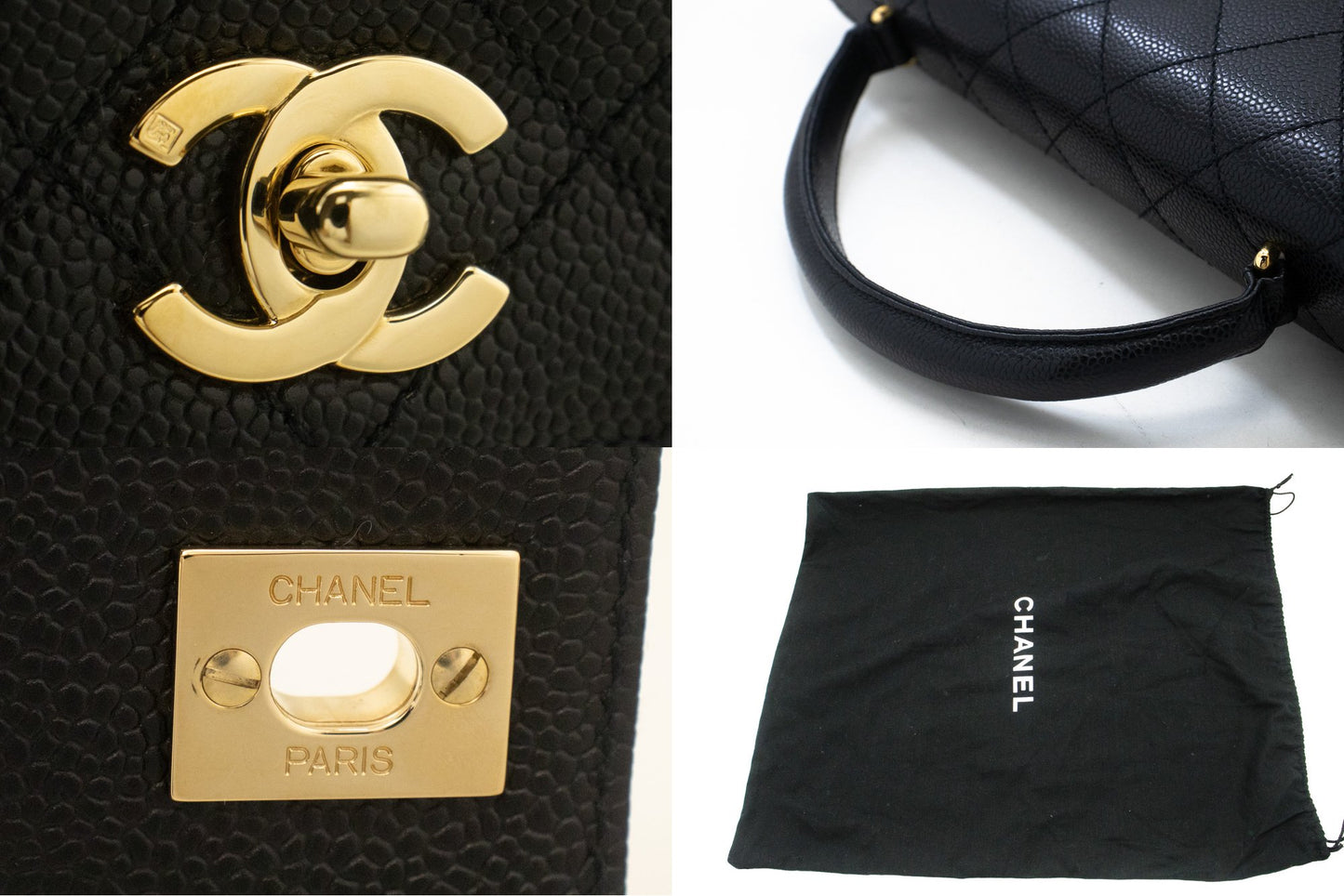 CHANEL Caviar Handtas Top Handle Tas Kelly Zwart Flap Leer Goud n63 hannari-shop