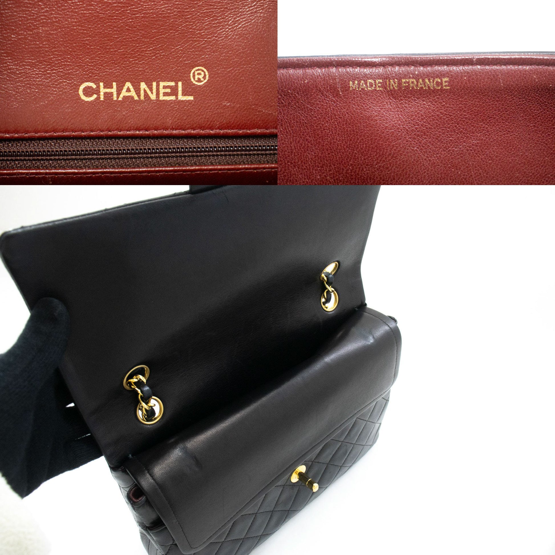 CHANEL Classic Double Flap Square Chain Shoulder Bag Black Lamb ad1 hannari-shop
