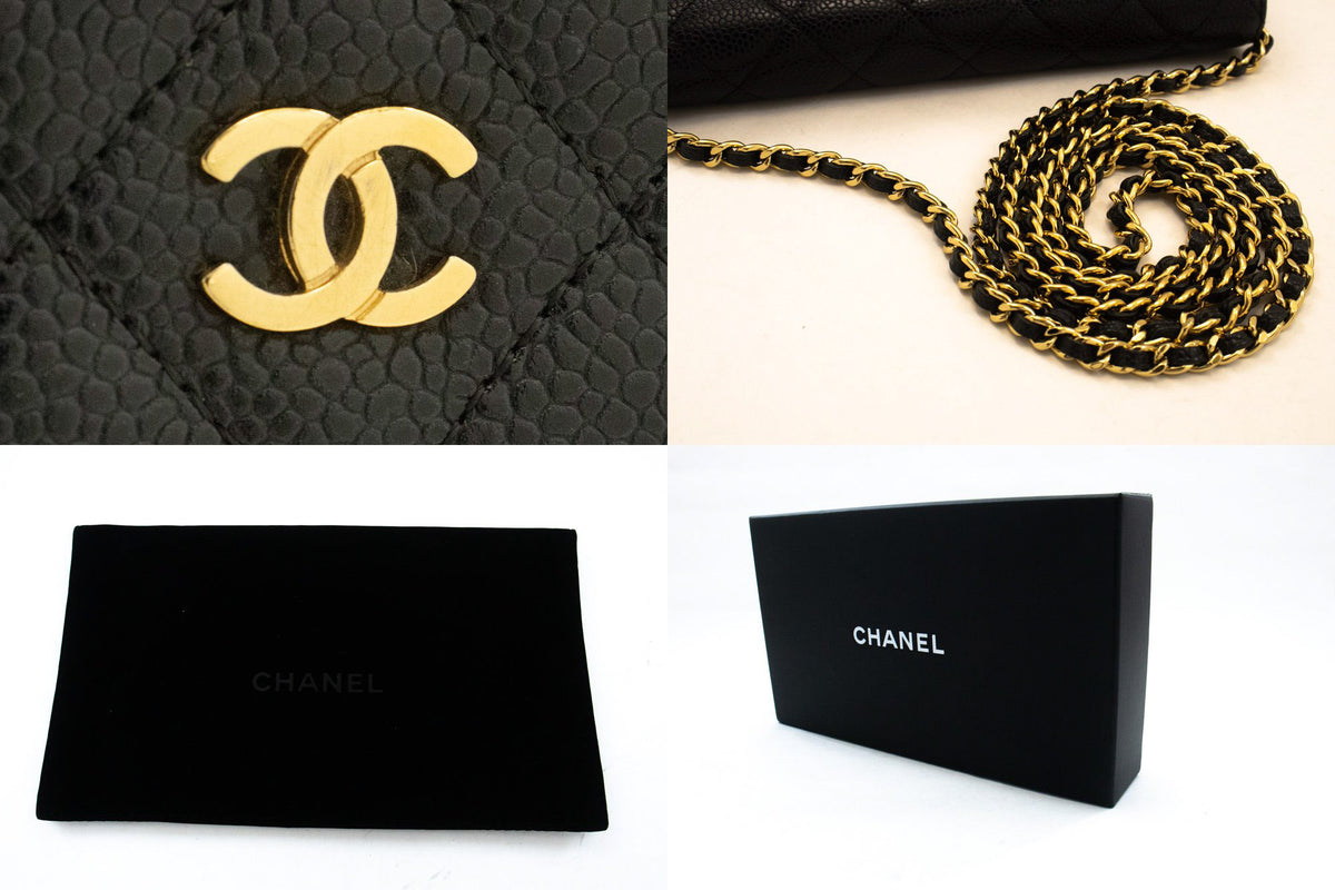 CHANEL portemonnee van generfd kalfsleer aan ketting WOC zwarte schoudertas ap1 — beslag hannari-shop