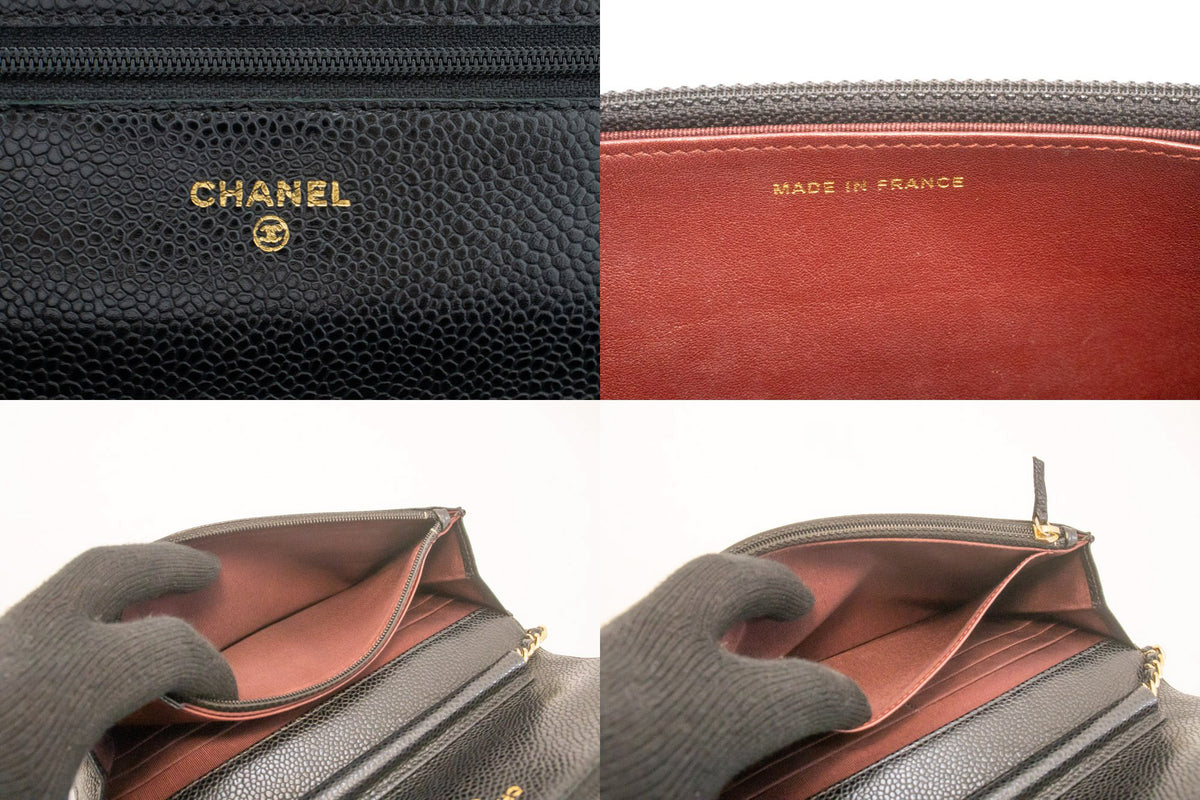 CHANEL portemonnee van generfd kalfsleer aan ketting WOC zwarte schoudertas ap1 — CHANEL-logo aan de binnenzijde hannari-shop