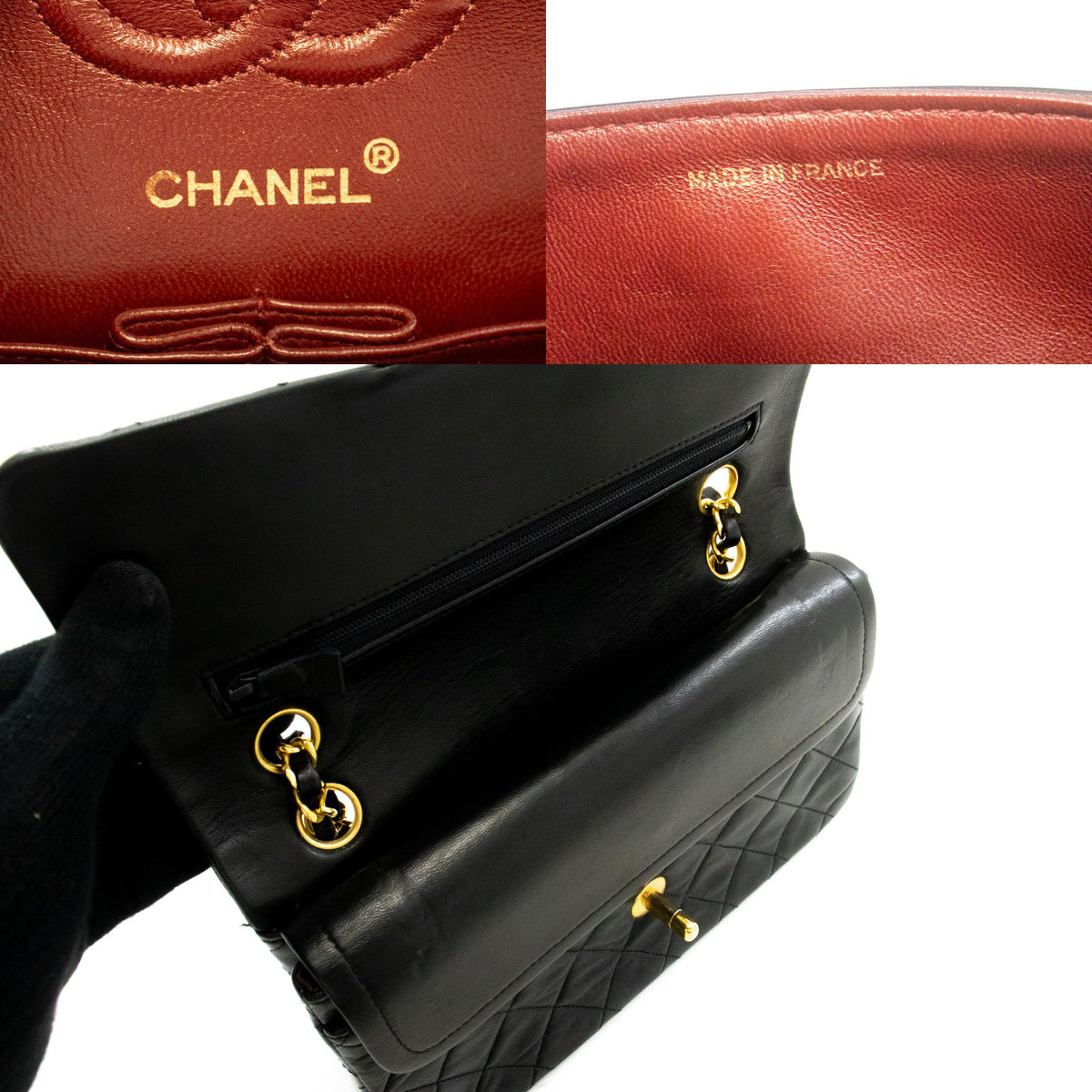 CHANEL Classic Double Flap 9" Chain Schoudertas Zwart Lamsleer ap2 — CHANEL-logo aan de binnenzijde hannari-shop
