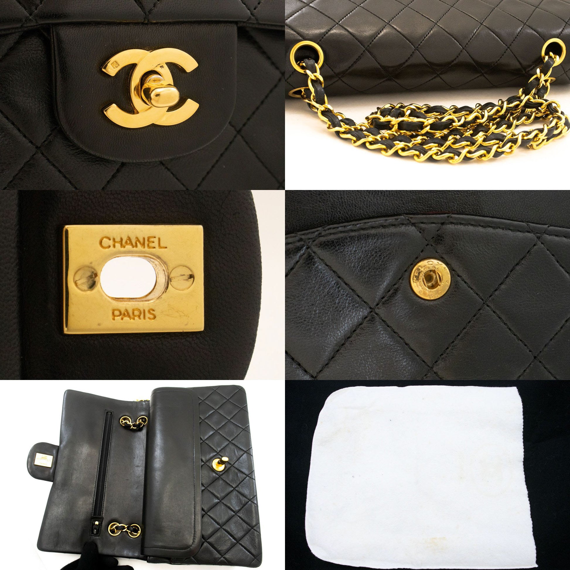 CHANEL Classic Double Flap 10" Chain Shoulder Bag Black Lambskin aj9 hannari-shop