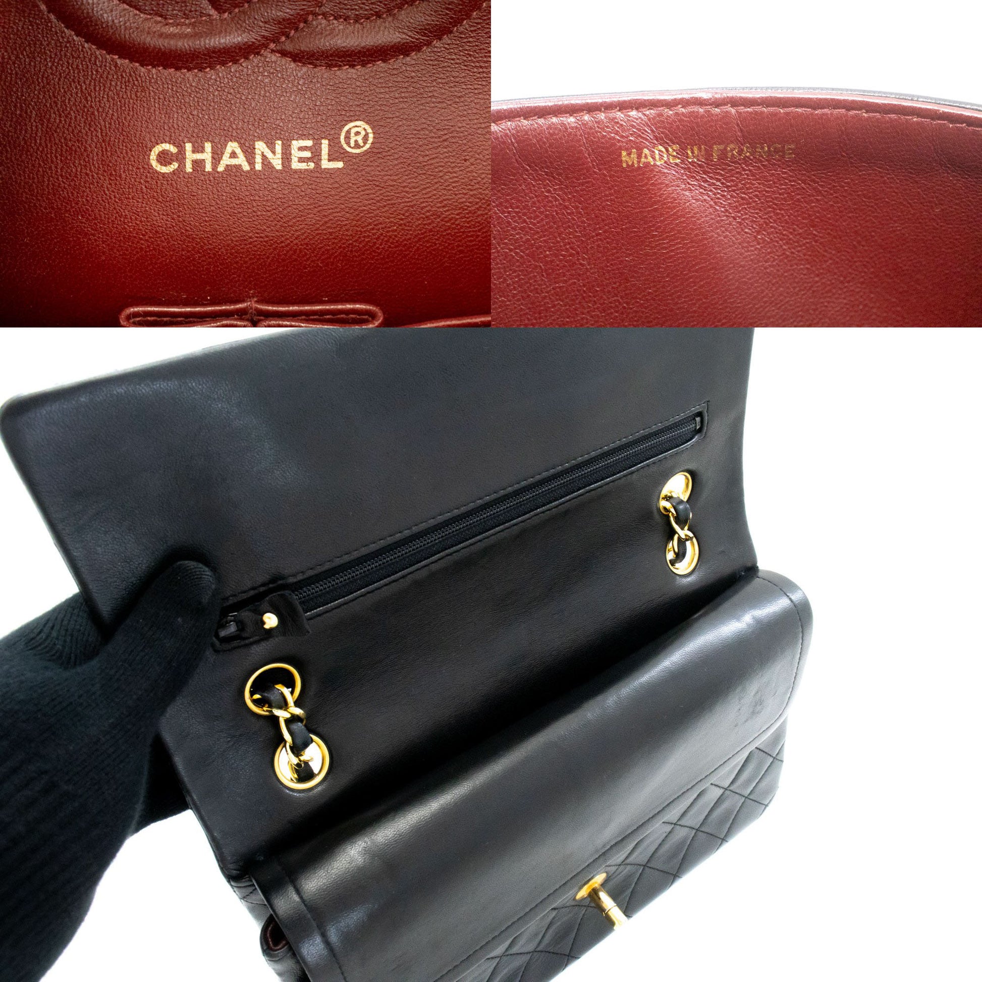 CHANEL Classic Double Flap 10" Chain Shoulder Bag Black Lambskin aj9 hannari-shop