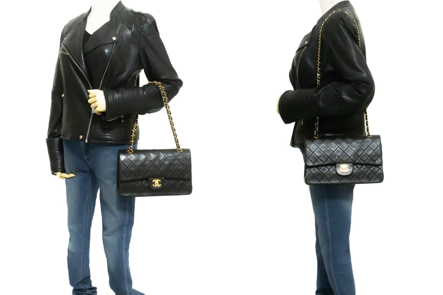 CHANEL Classic Double Flap 10" Chain Shoulder Bag Black Lambskin am1 hannari-shop