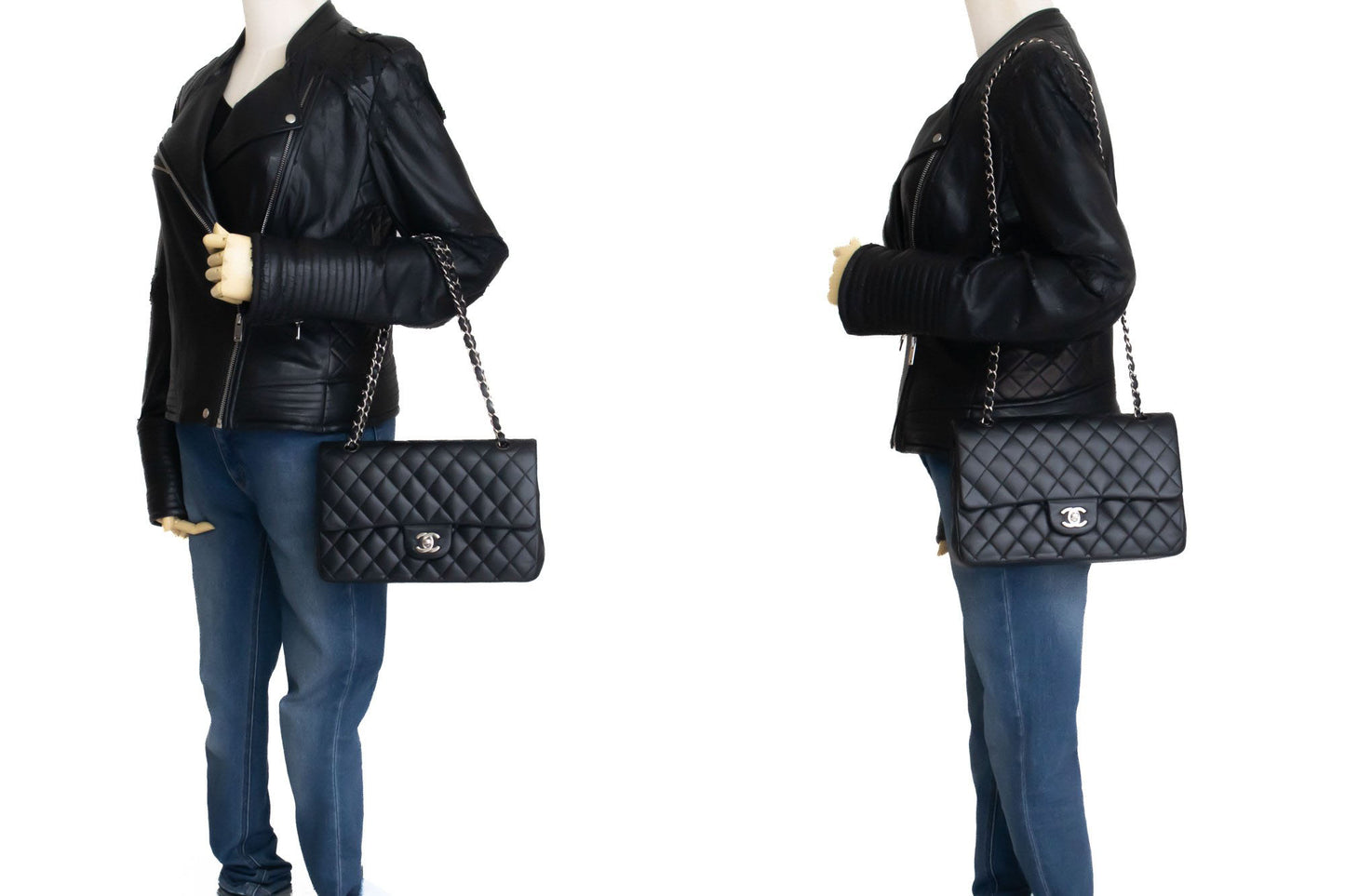 CHANEL Classic Double Flap 10" Zilveren Ketting Schoudertas Zwart ai1 hannari-shop