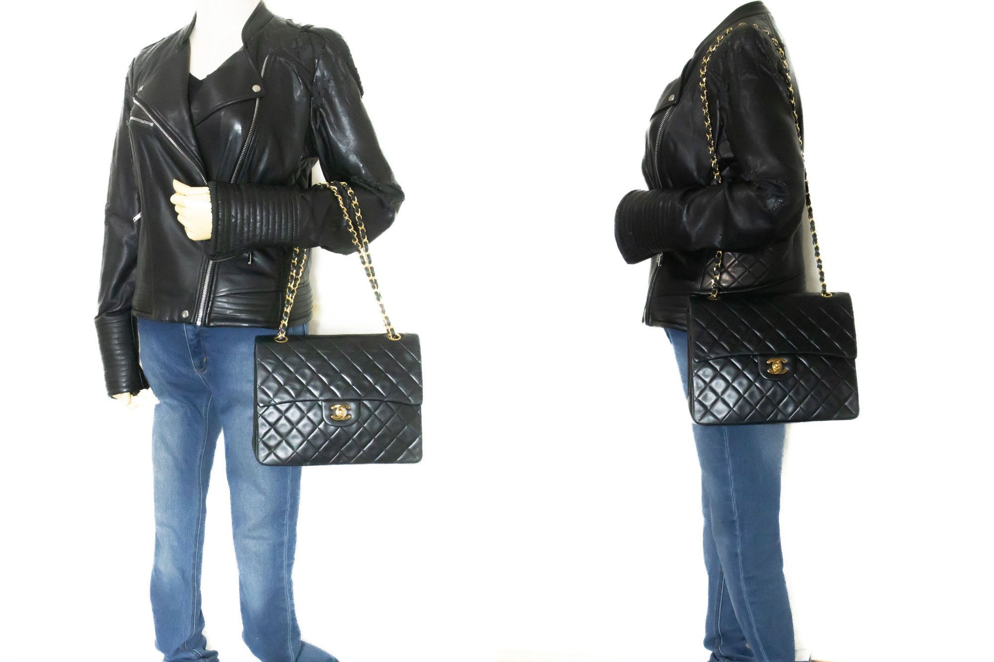 CHANEL Classic Double Flap Square Chain Shoulder Bag Black Lamb ad7 hannari-shop