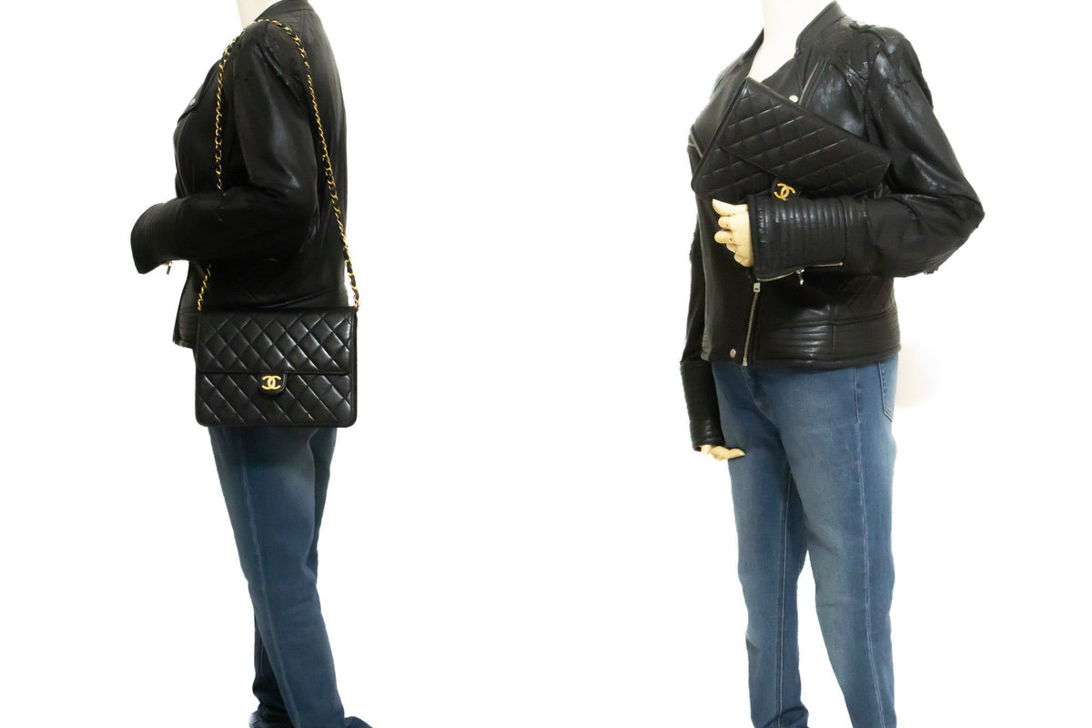 CHANEL Small Chain Shoulder Bag Clutch Black Quilted Flap Lambskin ao8 — on mannequin hannari-shop