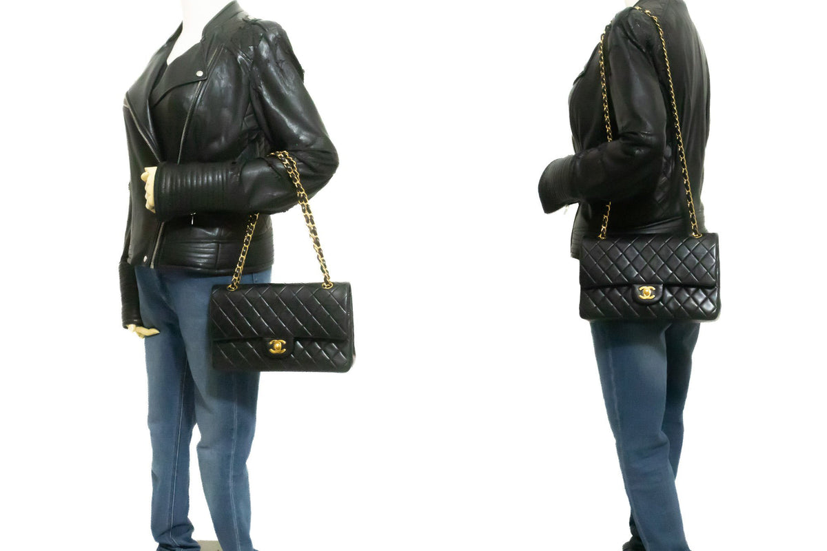 CHANEL Classic Double Flap 10" Chain Shoulder Bag Black Lambskin am9 hannari-shop
