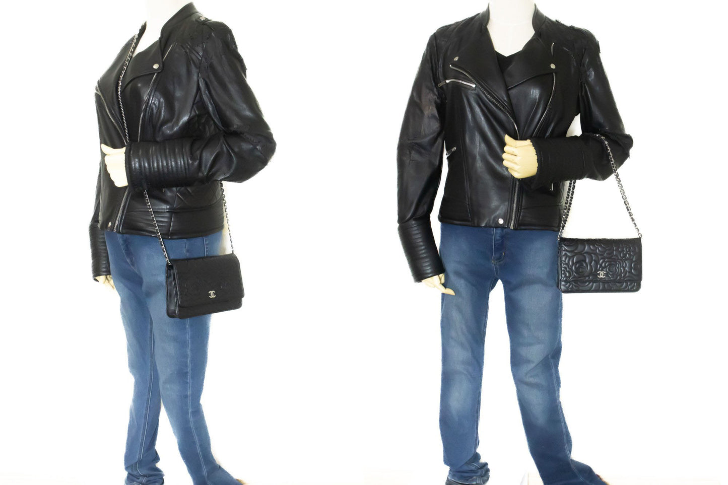 CHANEL Zwarte Camellia Gegraveerde Wallet On Chain WOC Schoudertas ab6 hannari-shop