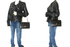 CHANEL Classic Double Flap 9" Chain Shoulder Bag Black Lambskin p98 hannari-shop