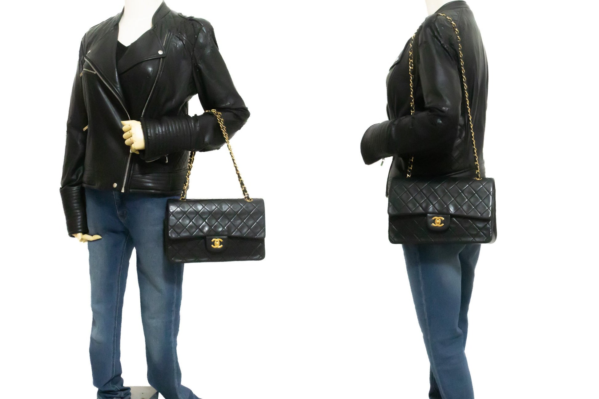 CHANEL Classic Double Flap 10" Chain Shoulder Bag Black Lambskin am2 hannari-shop